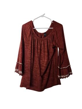 Lildy Brown Scoop Neck Double Lace Sleeves Tunic Blouse Casual Top Size L-XL